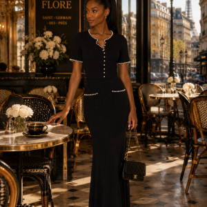 Sophie Black Pearl Trim Knit Maxi Dress