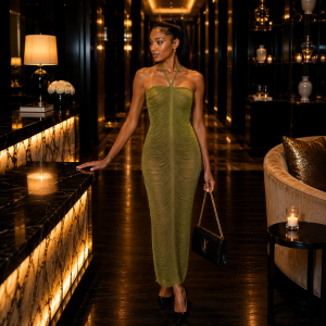 Eva Olive Green Ruched Halter Maxi Dress