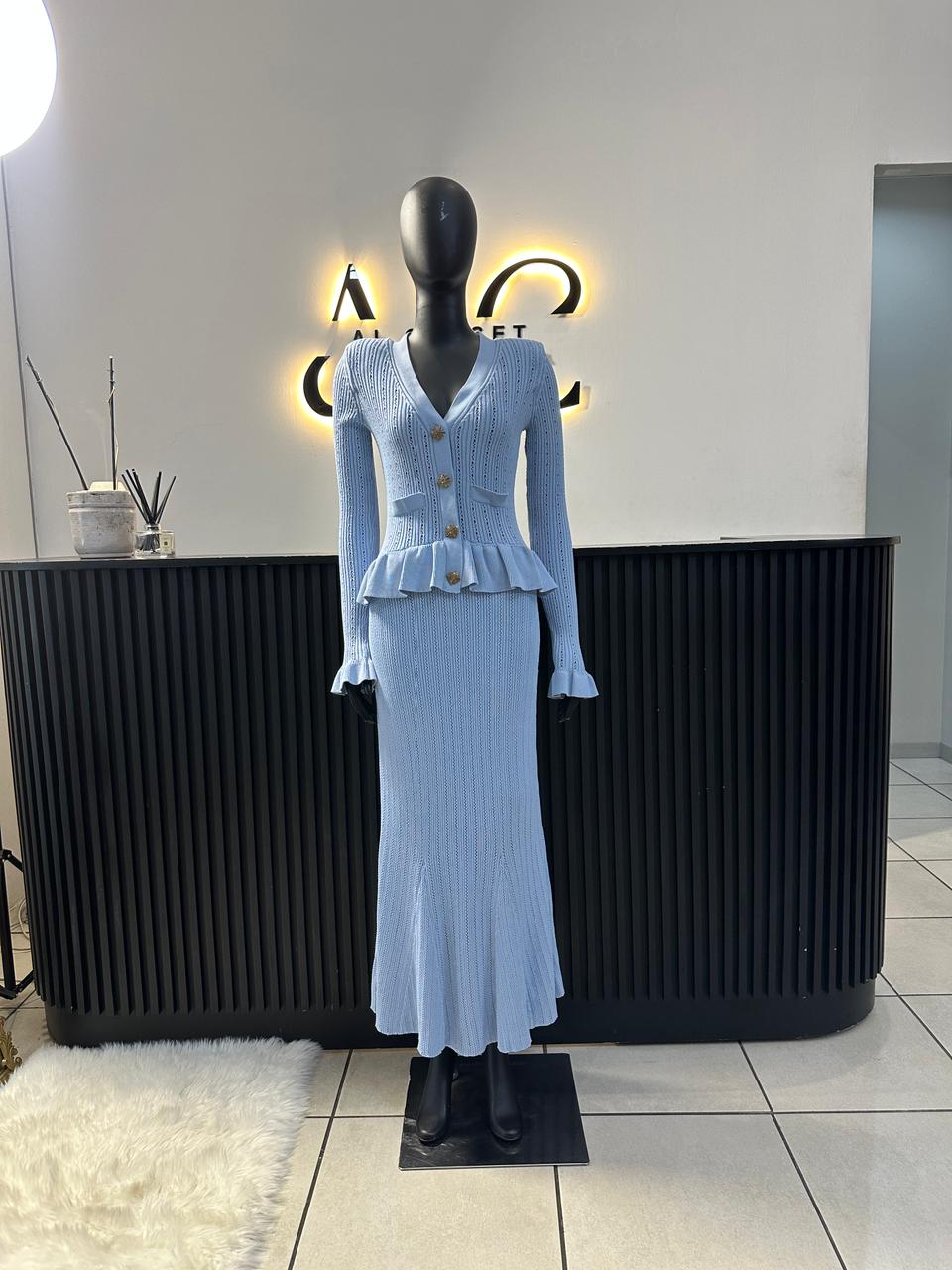 Long Sleeve Knitted Baby Blue Dress