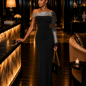 Willow Black One-Shoulder Embellished Evening Maxi Dress