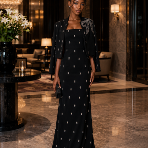 Universe Black Embellished Evening Gown with Cropped Jacket