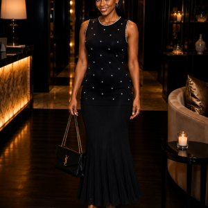 Aura Black Pearl Embellished Maxi Dress