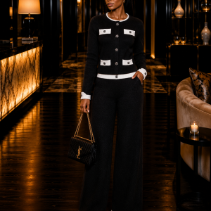 Helen Black Contrast Trim Knit Cardigan & Wide Leg Pants Set