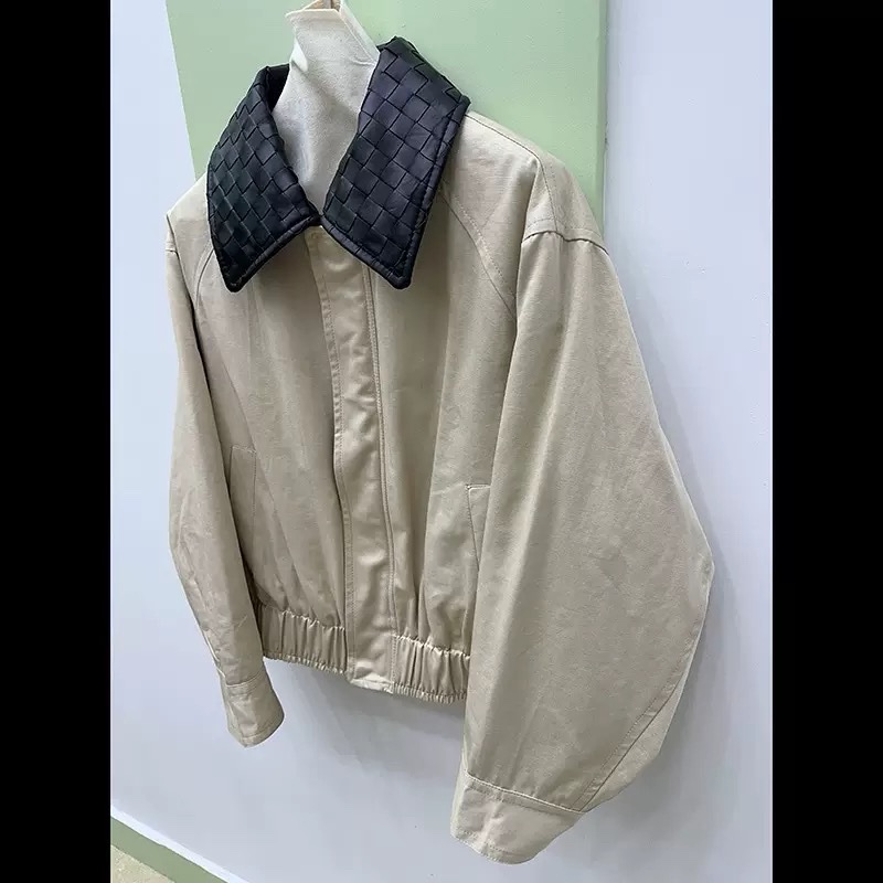 Jacket Loose Fit Color-Block Sheepskin Woven Collar