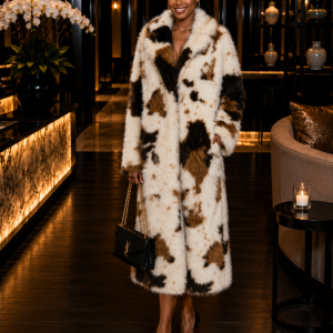 Brown Cow Print Faux Fur Coat
