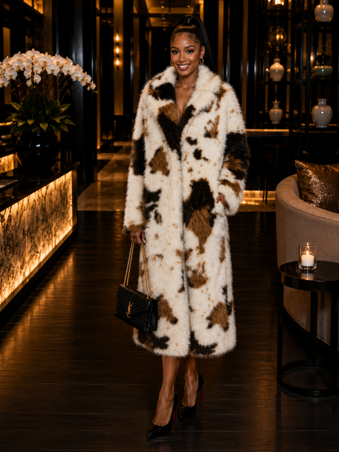 Brown Cow Print Faux Fur Coat