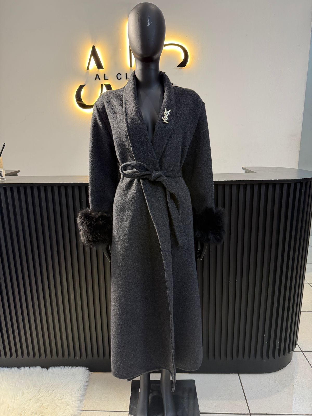 Charcoal Luxe Fur Cuff Coat