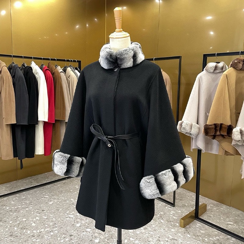 Wool Poncho Coat Women’s Mid-length Belt Elegant Cashmere Shawl