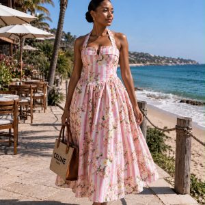 Pink Floral Stripe Halter Dress