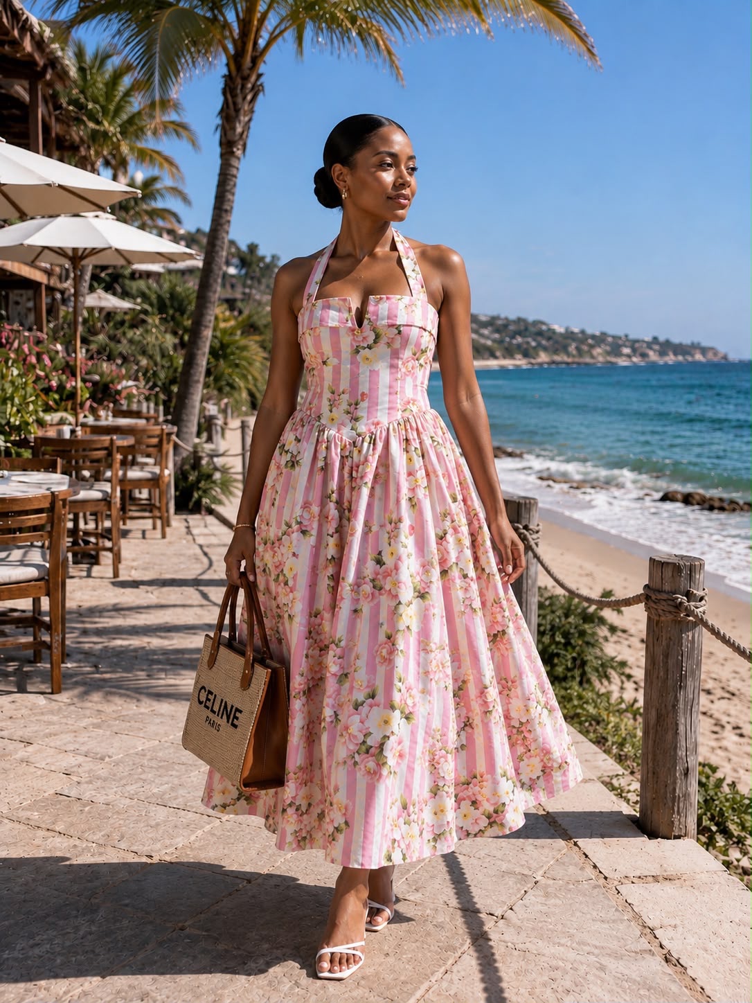 Pink Floral Stripe Halter Dress