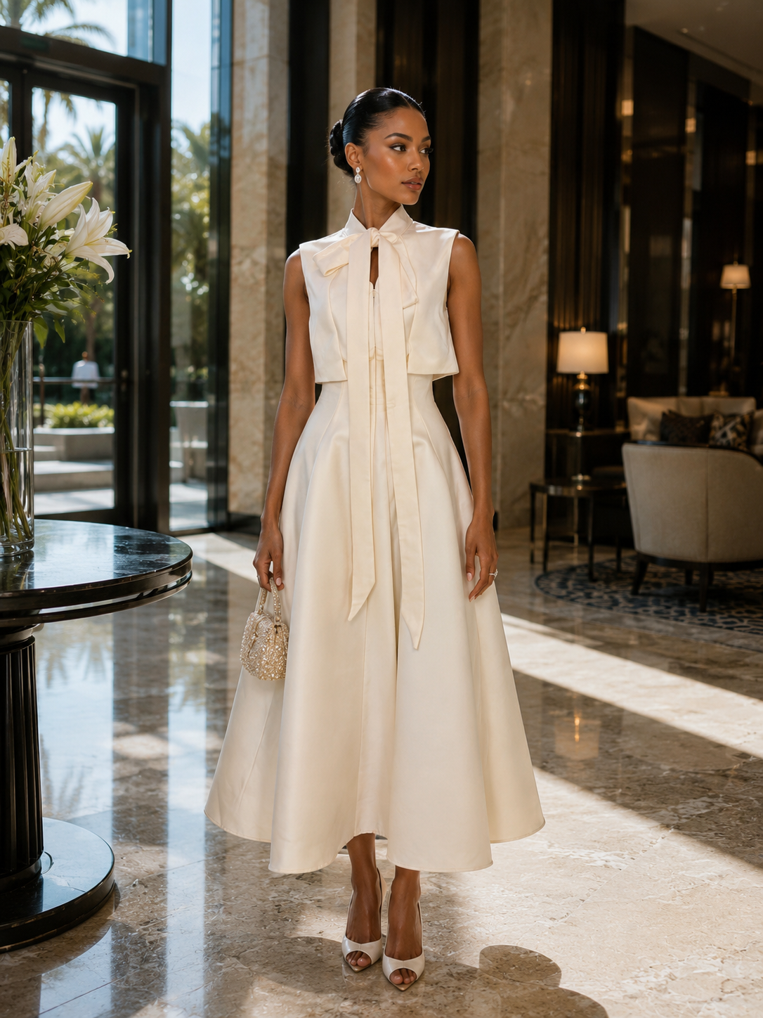 Bow Neck A-Line Maxi Dress