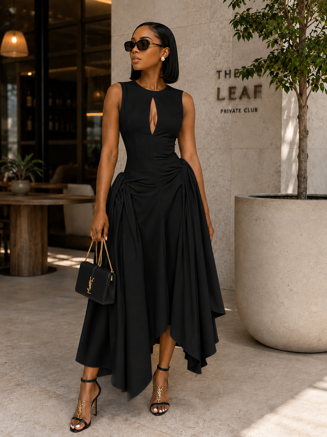Draped Keyhole Midi Dress