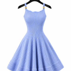 Blue Ribbed Flare Knit Dress