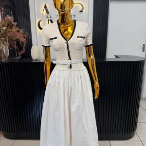 White Knit Top Maxi Dress with Belt