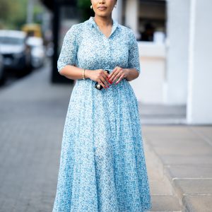Blue Belted Floral Dress