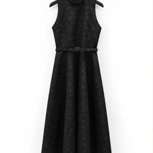 Black Jacquard Halter Neck Midi Dress