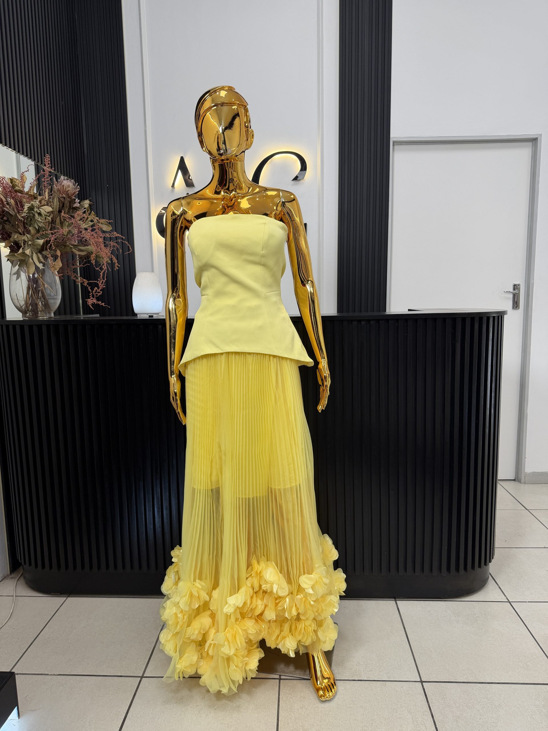 Yellow Strapeless Fringe Maxi Dress