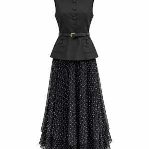 Black Belted Peplum Top & Polka Dot Pleated Maxi Dress