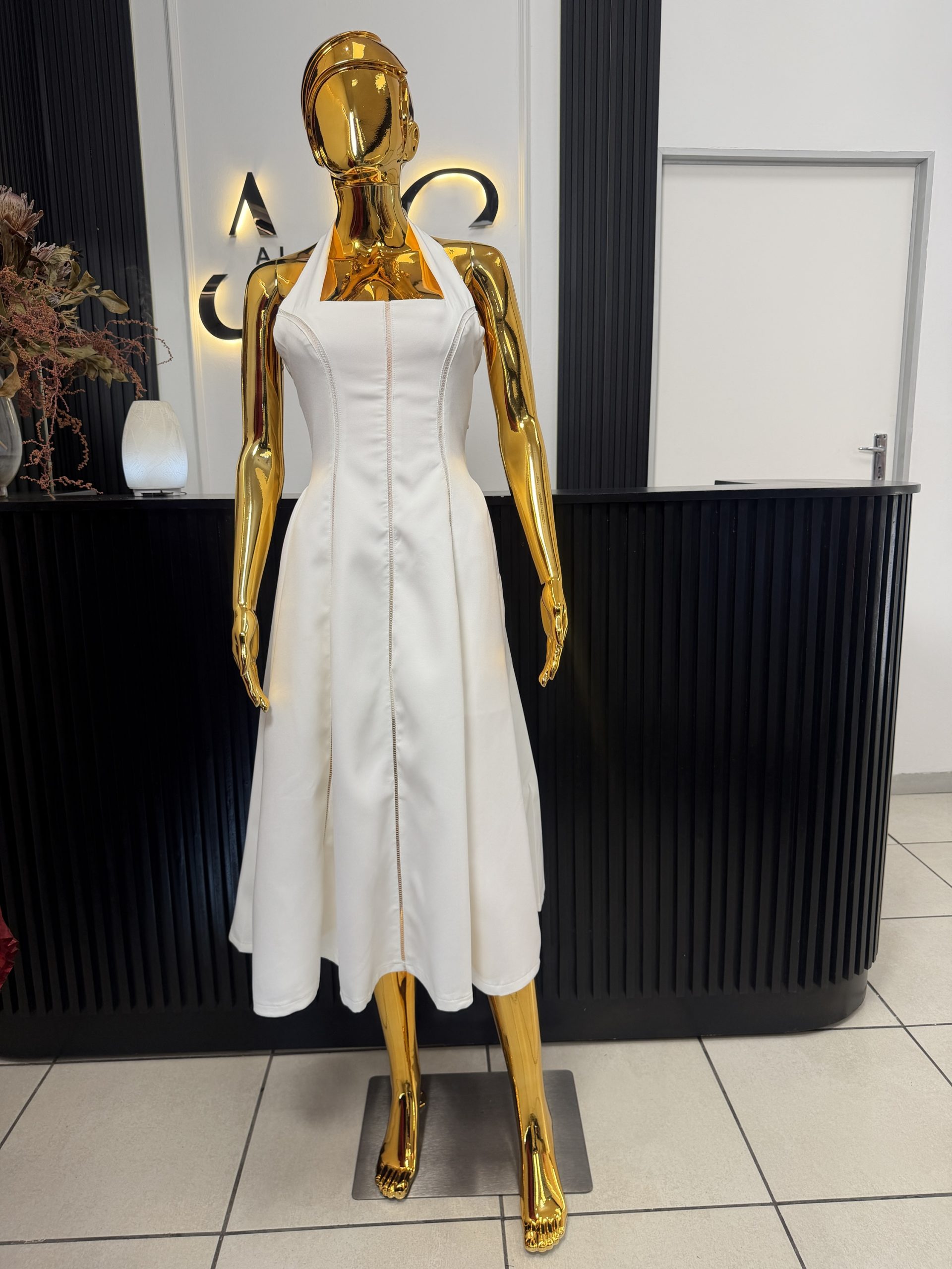 White Halter Neck A-Line Midi Dress