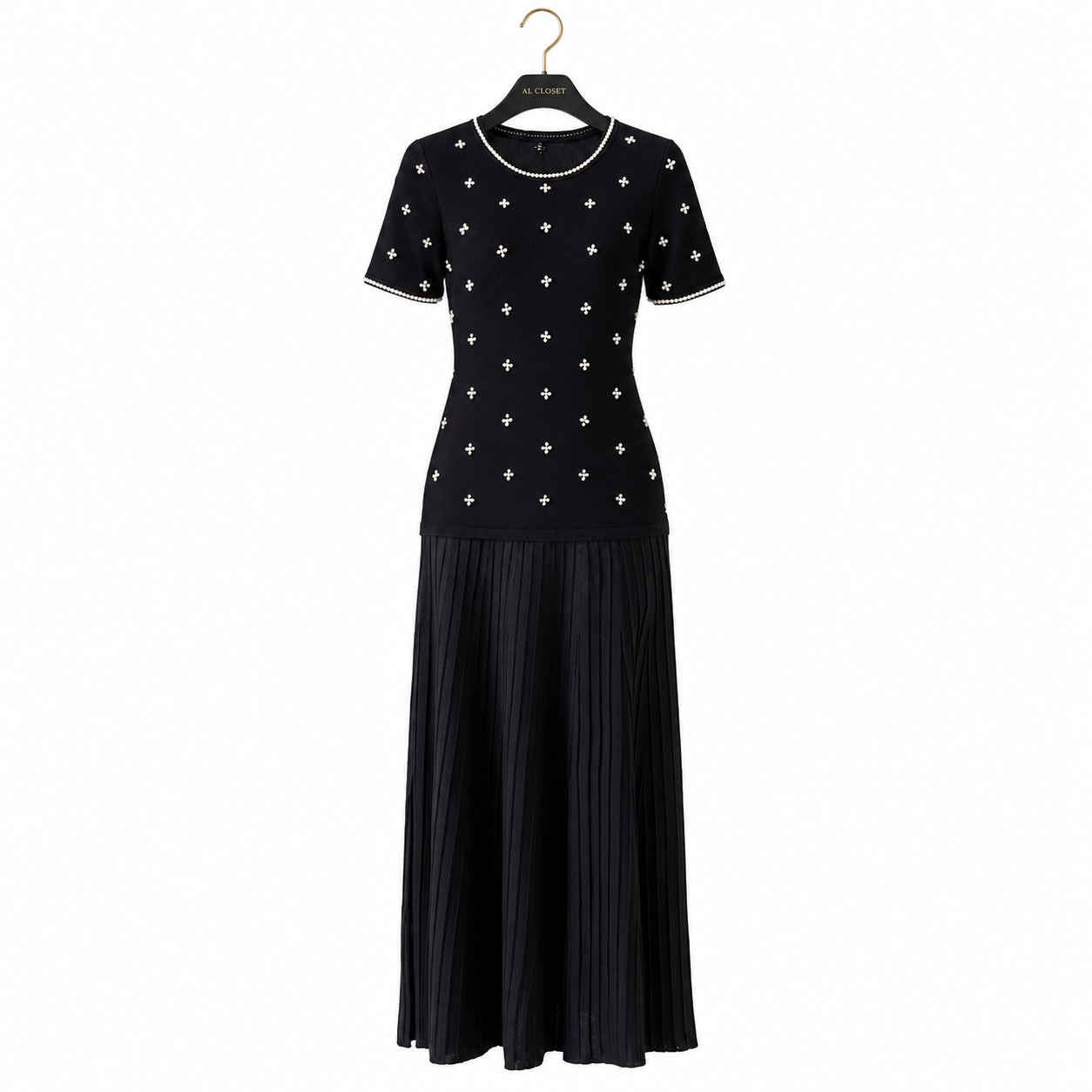 Black Pearl Embellished Short Sleeve Knit Dress